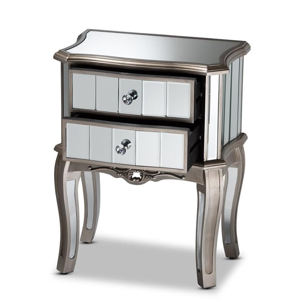 Baxton Studio Elgin Contemporary Glam and Luxe Brushed Silver Finished Wood and Mirrored Glass 2-Drawer Nightstand